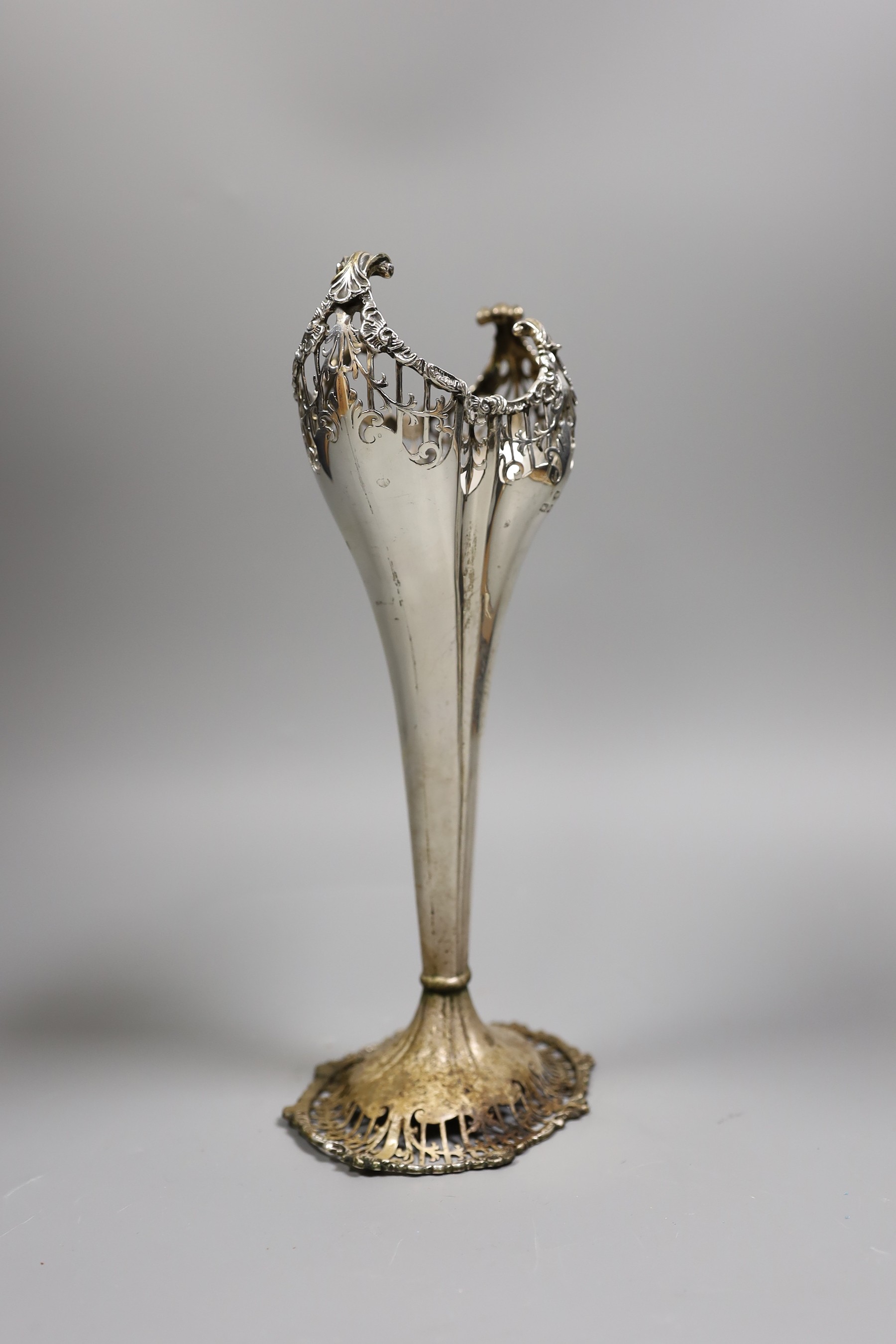 A George V tall pierced silver posy vase, Mappin & Webb, London, 1918, 27.1cm, 11.2oz.